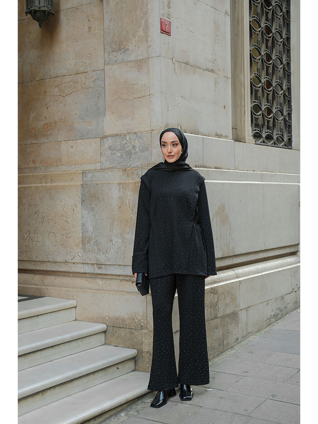 Kadın Taş Detay Beli Lastikli Takım Siyah-2