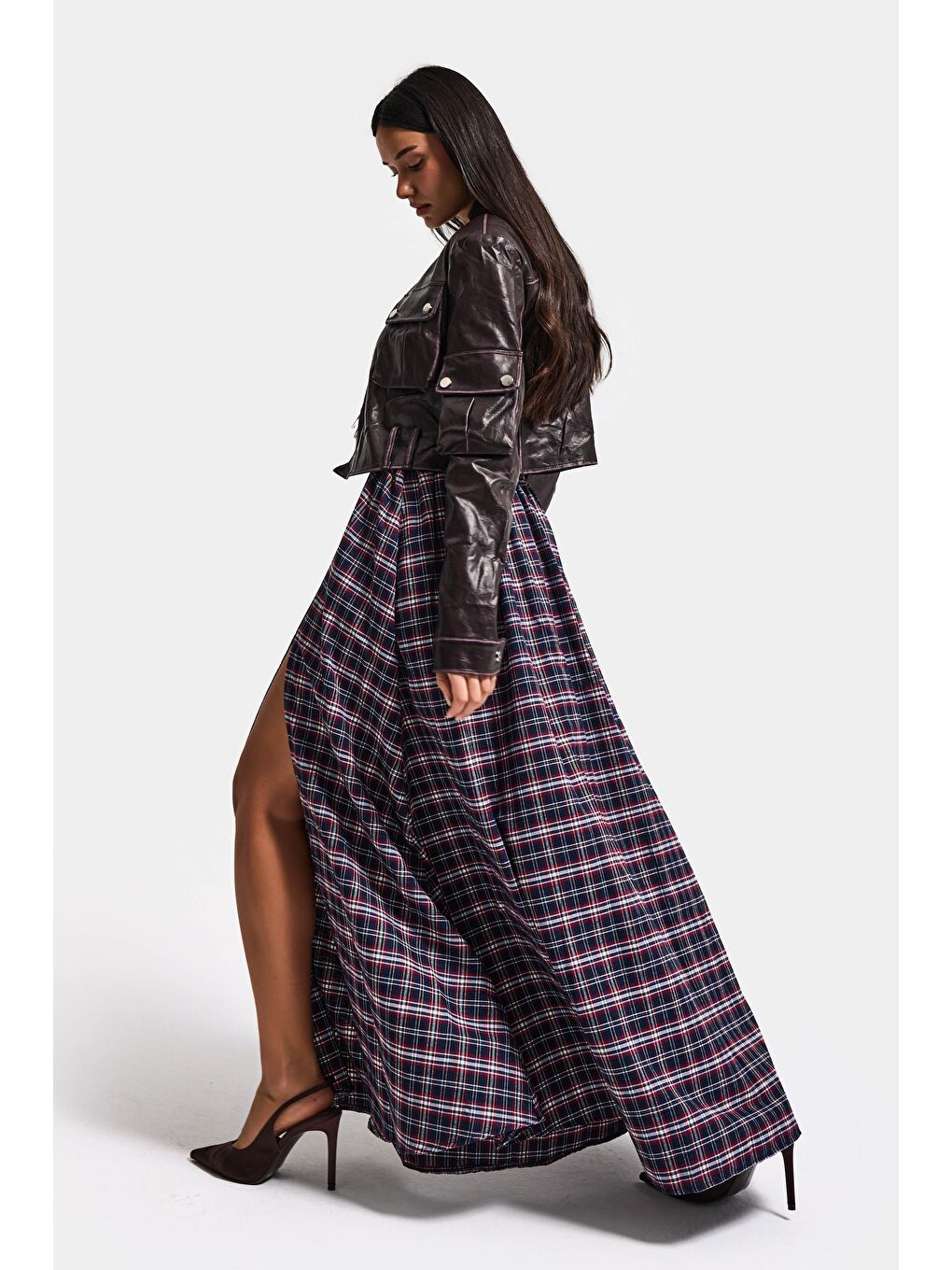 Kadın Lacivert Ekose s6-17 Maxi Boy Yırtmaç Detaylı Pamuk Pamuk Etek-2