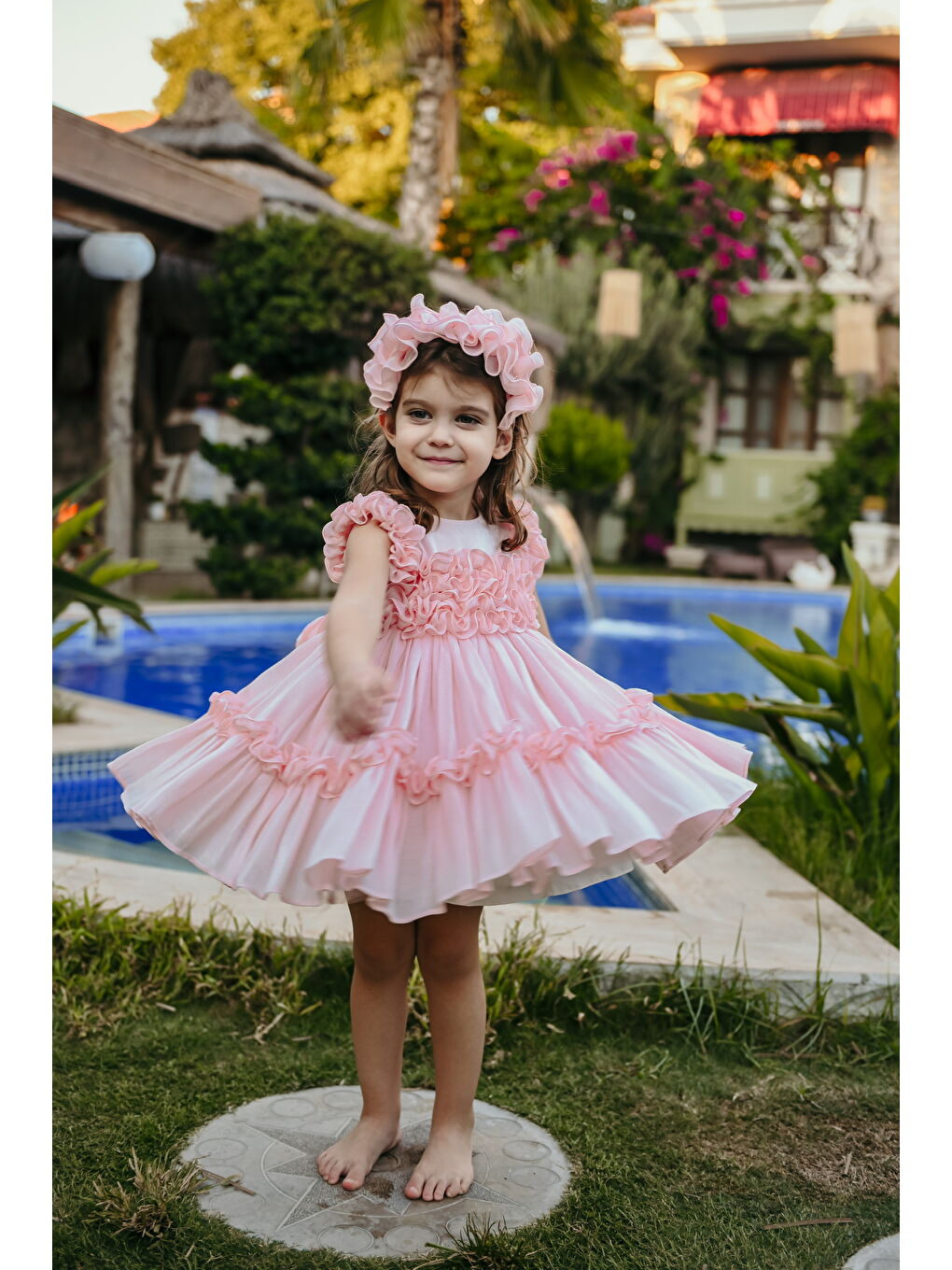 Pembe Kız Çocuk Özel Abiye Elbise   Fırfırlı  Özel Tasarım   Taç Aksesuarlı Abiye Elbise_2461-5