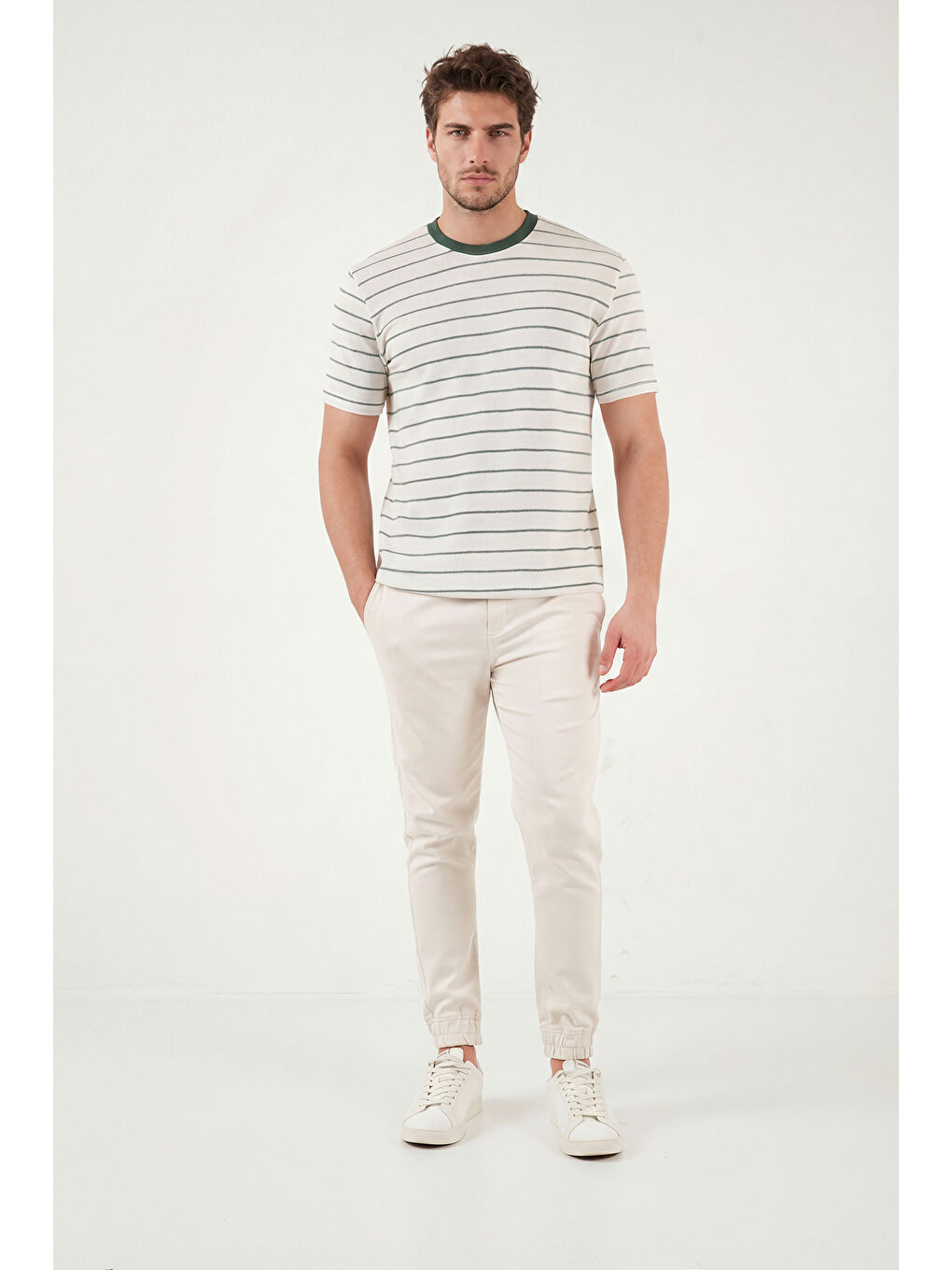 Yeşil Pamuklu Regular Fit Çizgili Bisiklet Yaka T Shirt 5904039-1