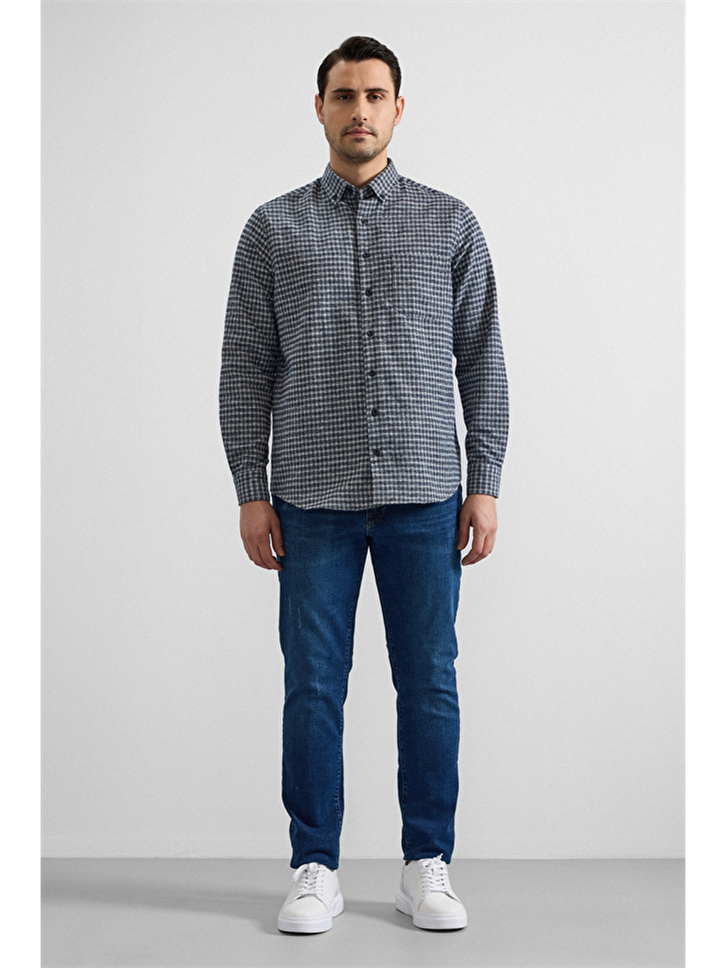 Lacivert Regular Düğmeli Yaka Kareli Casual Gömlek-4