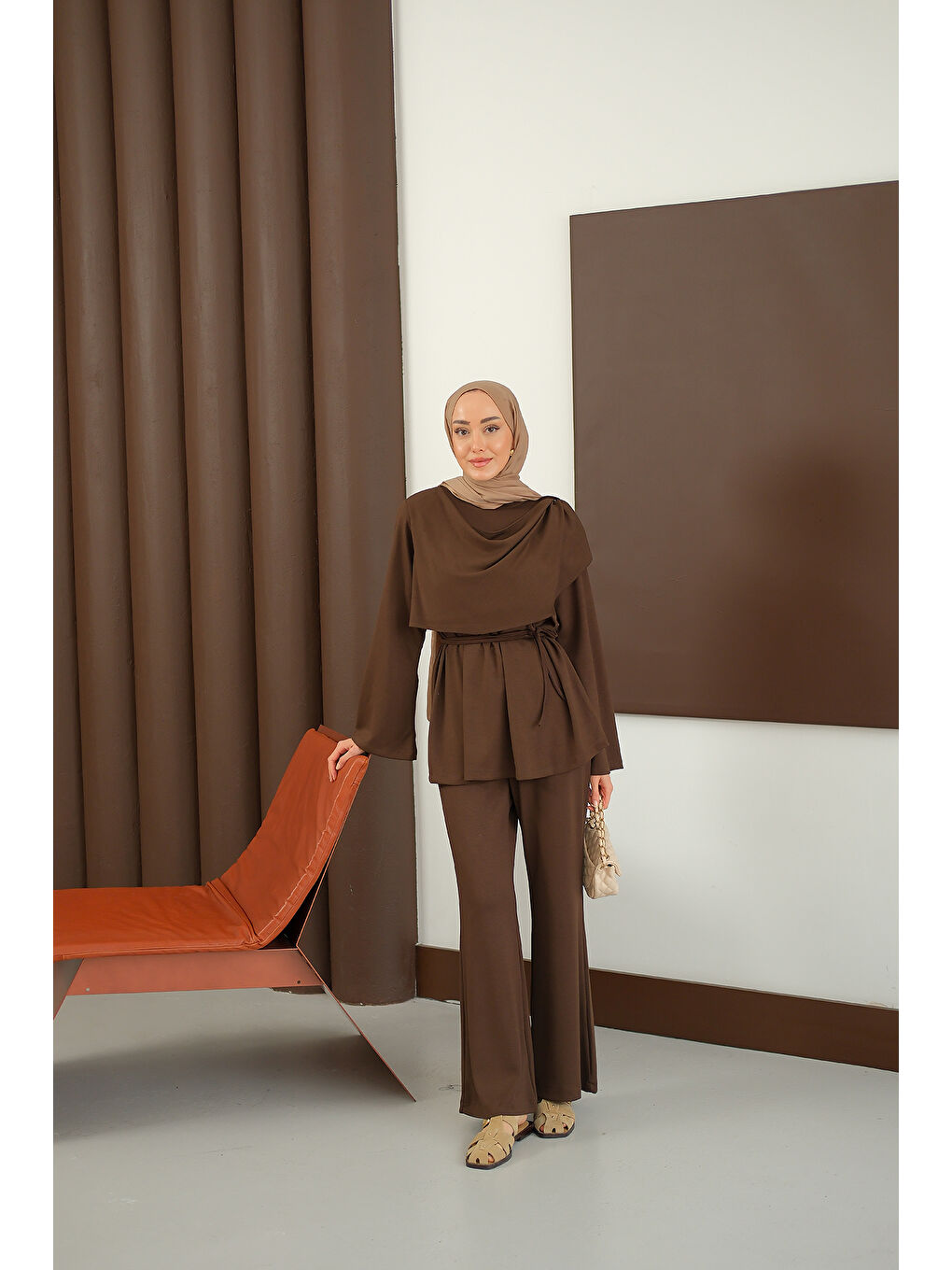 Kadın Şal Detay Takım Kahverengi-4