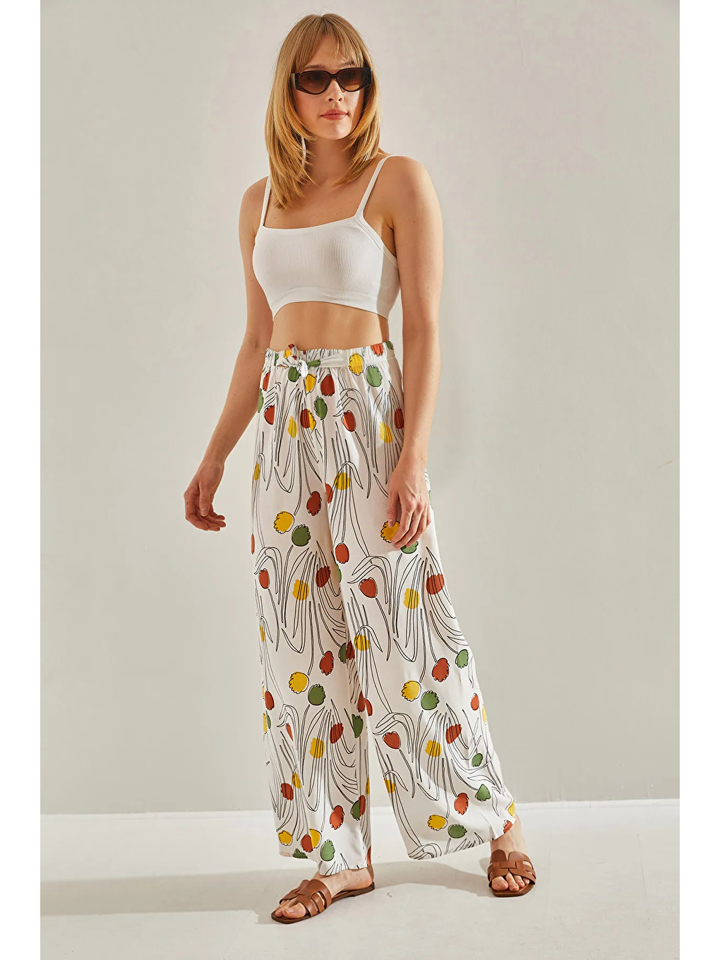 Lila Kadın Desenli Beli Lastikli Bağlamalı Dökümlü Keten Palazzo Pantolon-2