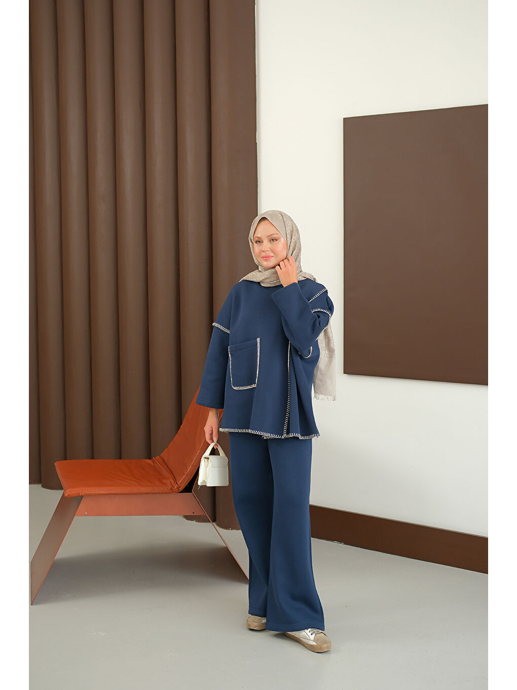 Kadın Dikiş Detay Cepli Takım Lacivert-4