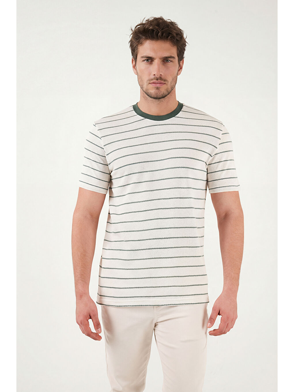 Yeşil Pamuklu Regular Fit Çizgili Bisiklet Yaka T Shirt 5904039-2