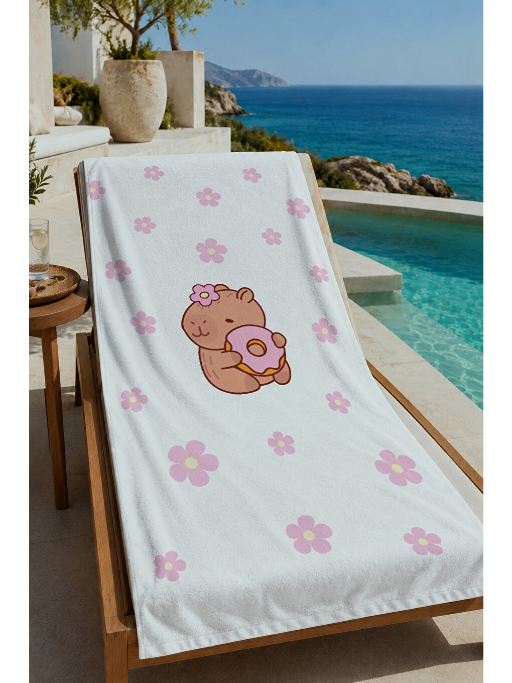Pembe Çiçekli Sevimli Donutlu Ayıcık Desenli 70x150 Cm Dijital Baskılı Plaj Ve Banyo Havlusu