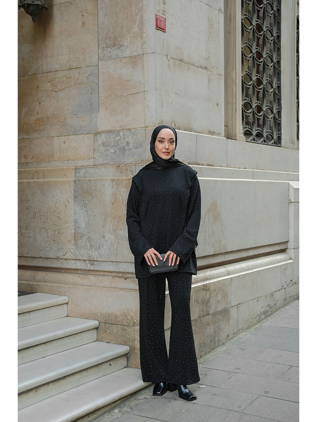 Kadın Taş Detay Beli Lastikli Takım Siyah-3