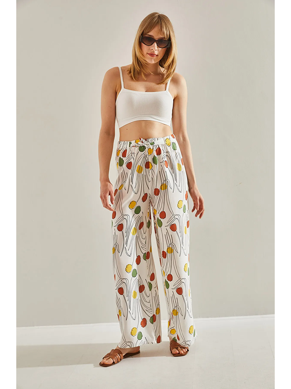 Lila Kadın Desenli Beli Lastikli Bağlamalı Dökümlü Keten Palazzo Pantolon-3