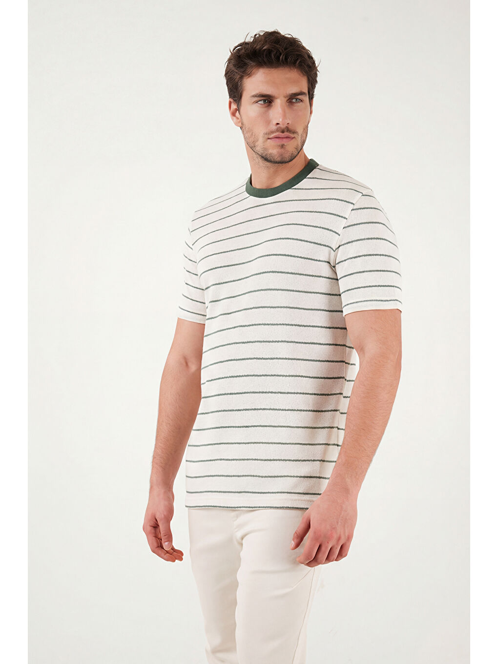 Yeşil Pamuklu Regular Fit Çizgili Bisiklet Yaka T Shirt 5904039-4