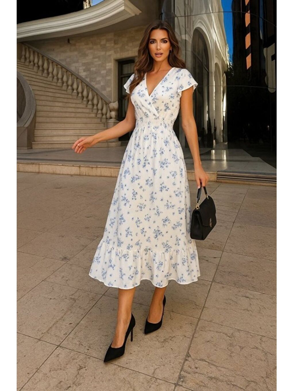 Beyaz Kadın Kısa Kollu Kruvaze Yakalı Beli Lastikli çiçek Desenli Elbise