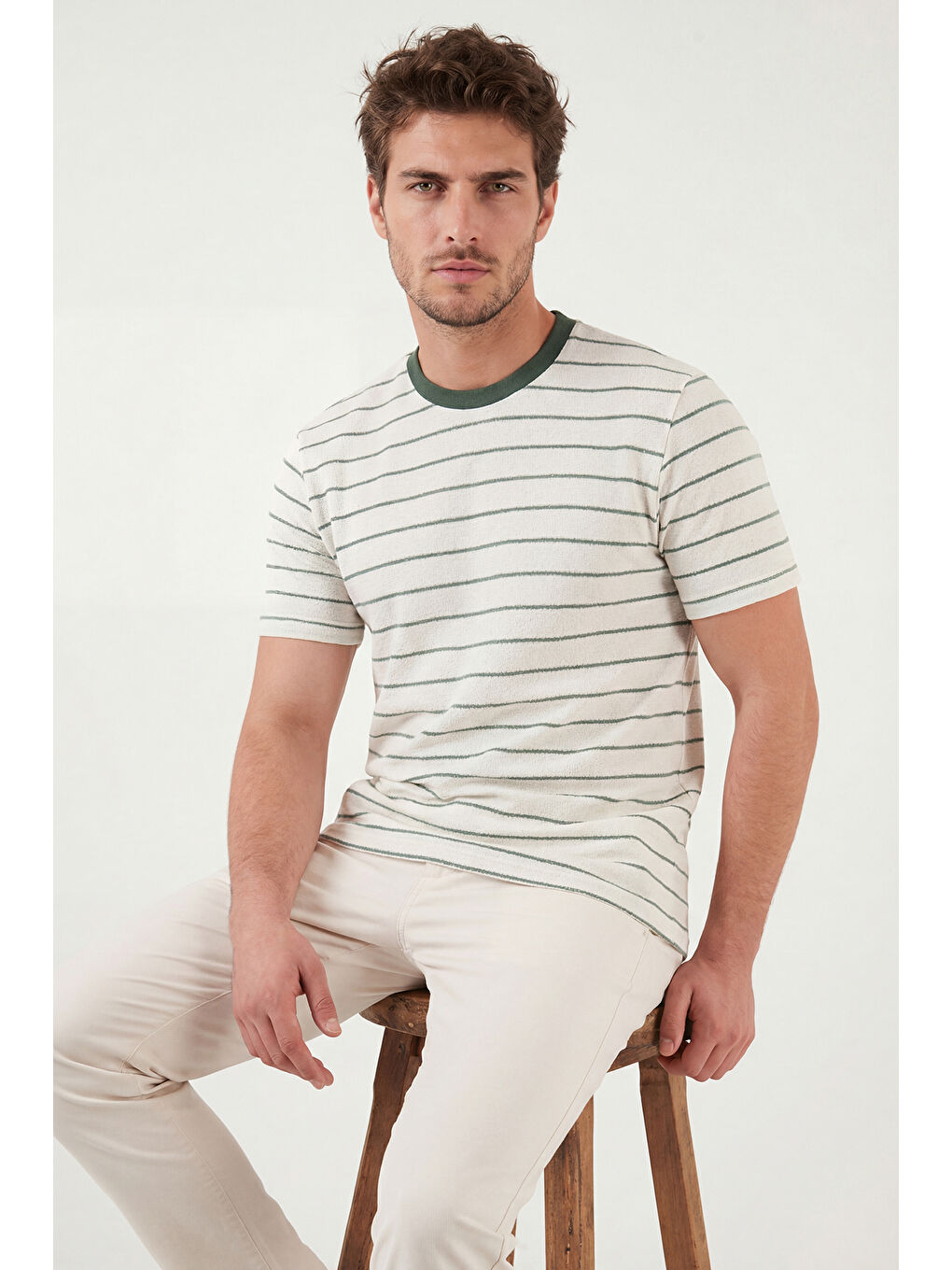 Yeşil Pamuklu Regular Fit Çizgili Bisiklet Yaka T Shirt 5904039-5