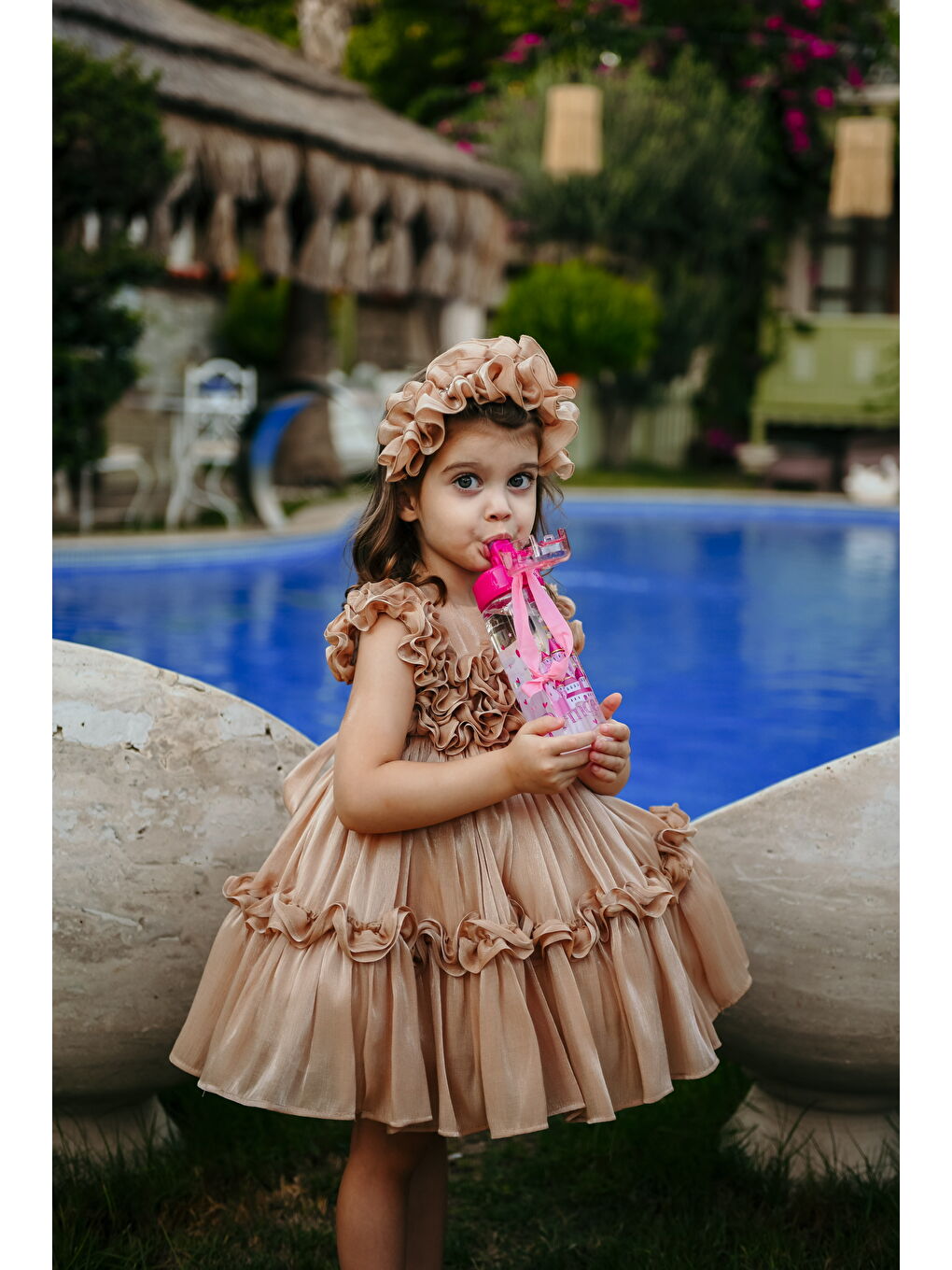 Bej Kız Çocuk Özel Abiye Elbise   Fırfırlı  Özel Tasarım   Taç Aksesuarlı Abiye Elbise_2461-1