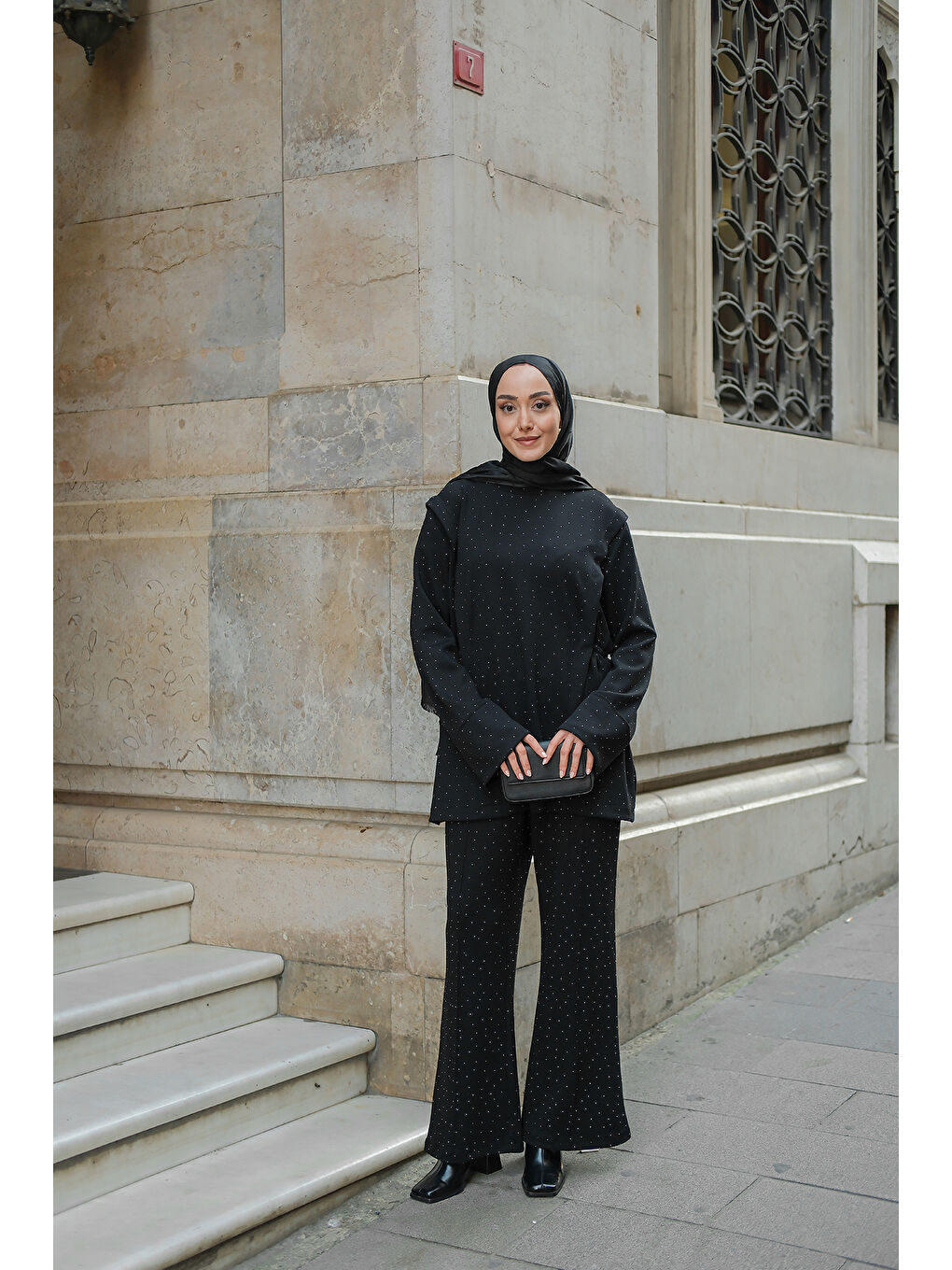 Kadın Taş Detay Beli Lastikli Takım Siyah-4