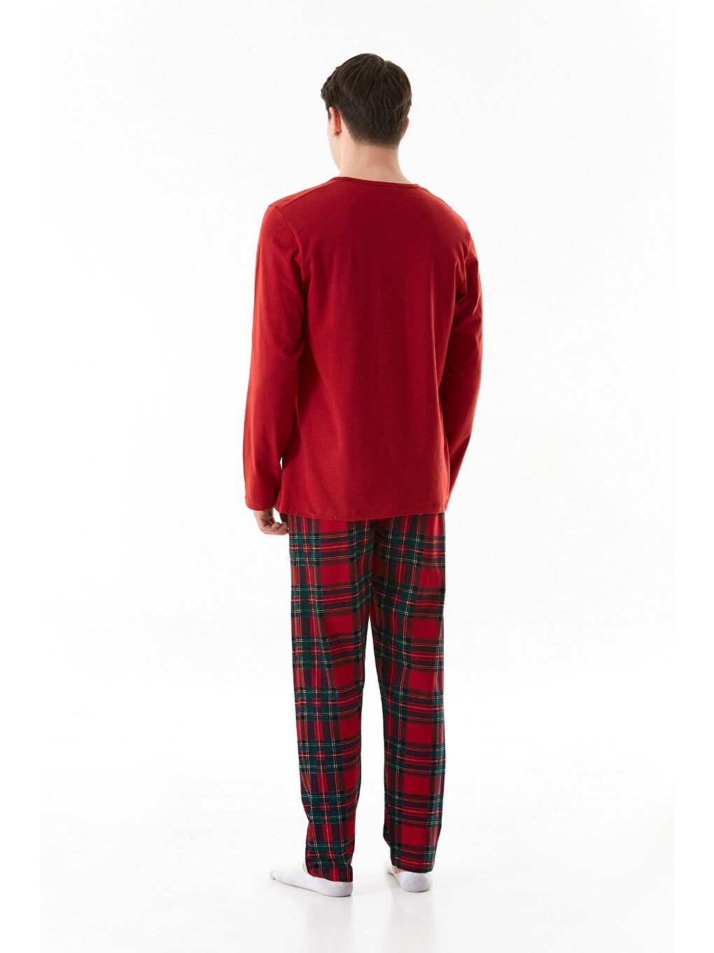 Kırmızı Ekose Desenli Yakası Düğmeli Pijama Takımı-4