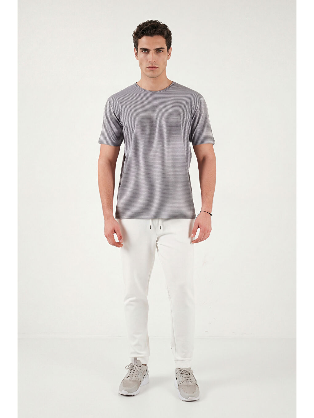 Haki Pamuklu Regular Fit Çizgili Bisiklet Yaka T Shirt 5904030-1