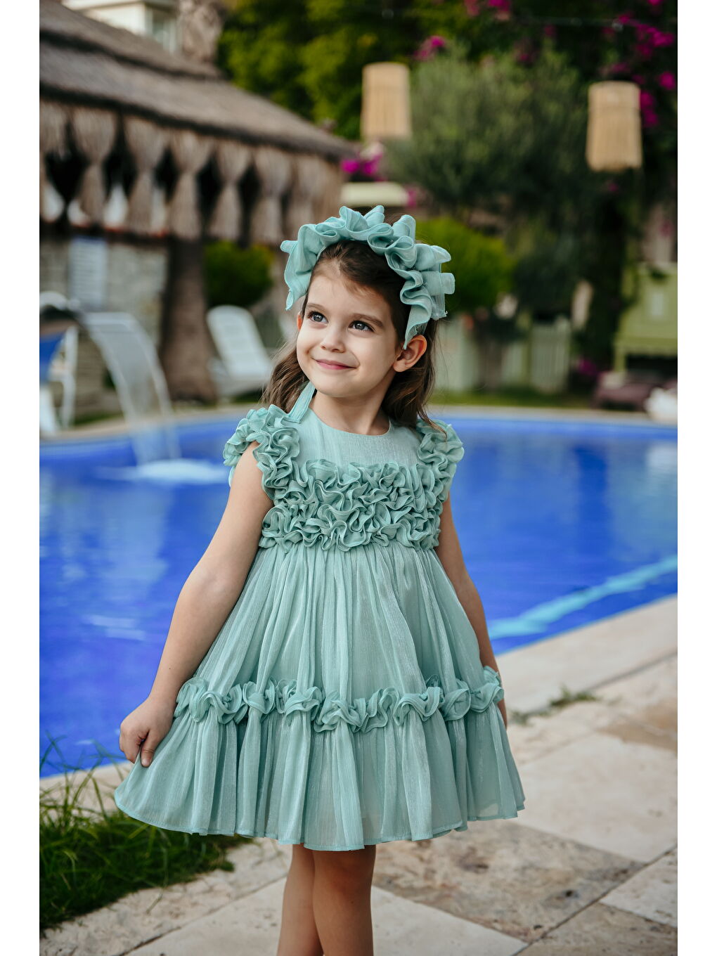 Yeşil Kız Çocuk Özel Abiye Elbise   Fırfırlı  Özel Tasarım   Taç Aksesuarlı Abiye Elbise_2461-1