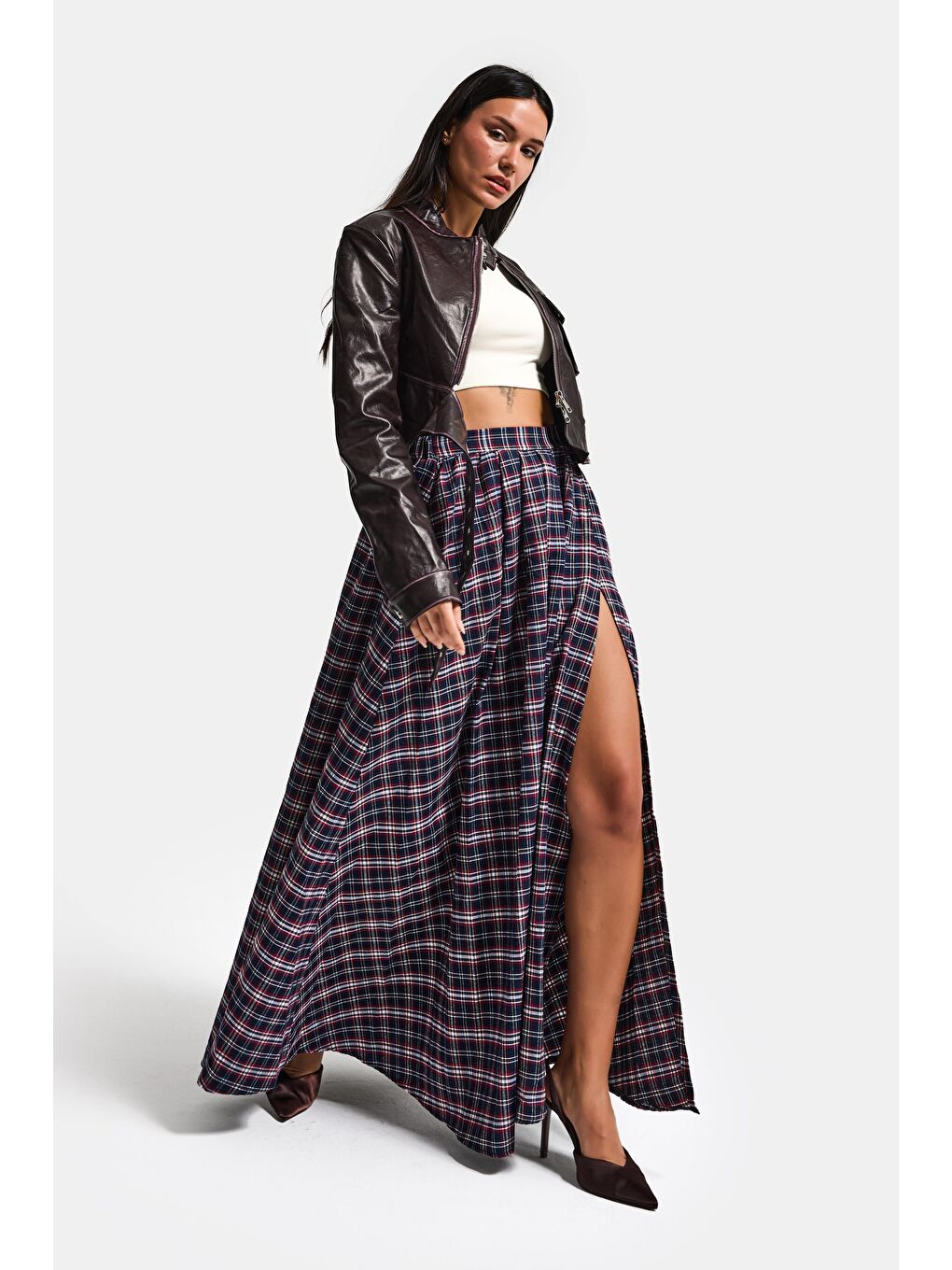 Kadın Lacivert Ekose s6-17 Maxi Boy Yırtmaç Detaylı Pamuk Pamuk Etek-6