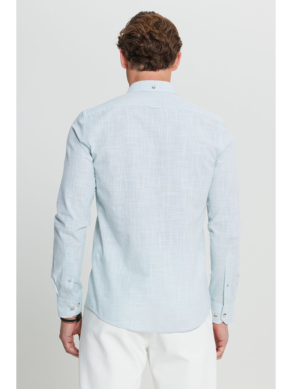 Erkek Haki %100 Pamuk Slim Fit Düğmeli Yaka Armürlü Flamlı Gömlek-4