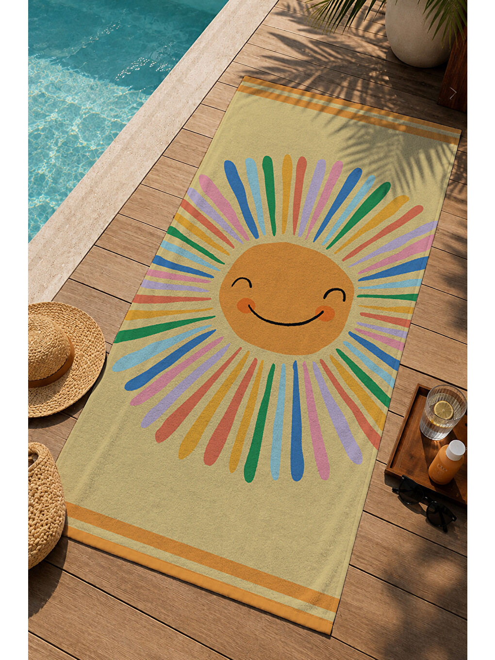 Sarı Renkli Işınlı Gülen Güneş Desenli 70x150 Cm Dijital Baskılı Plaj Ve Banyo Havlusu-2