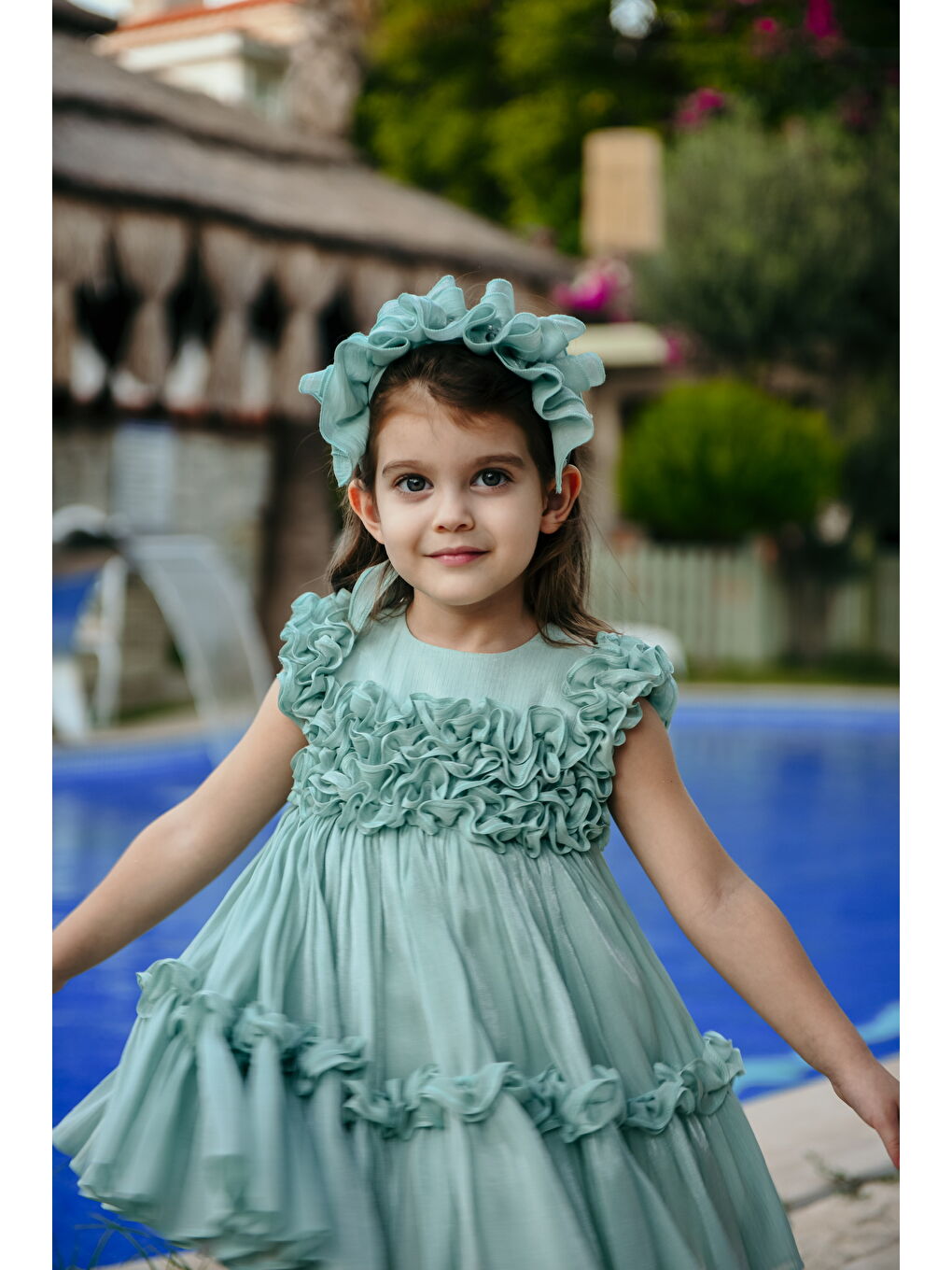 Yeşil Kız Çocuk Özel Abiye Elbise   Fırfırlı  Özel Tasarım   Taç Aksesuarlı Abiye Elbise_2461-4
