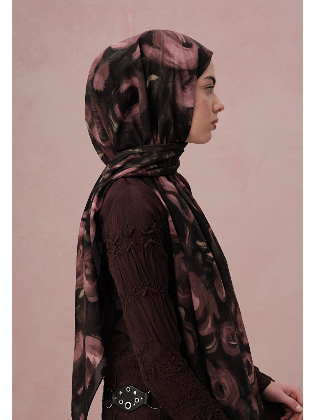 Pembe Rosaly Desen Vual Şal Gül Kurusu-3