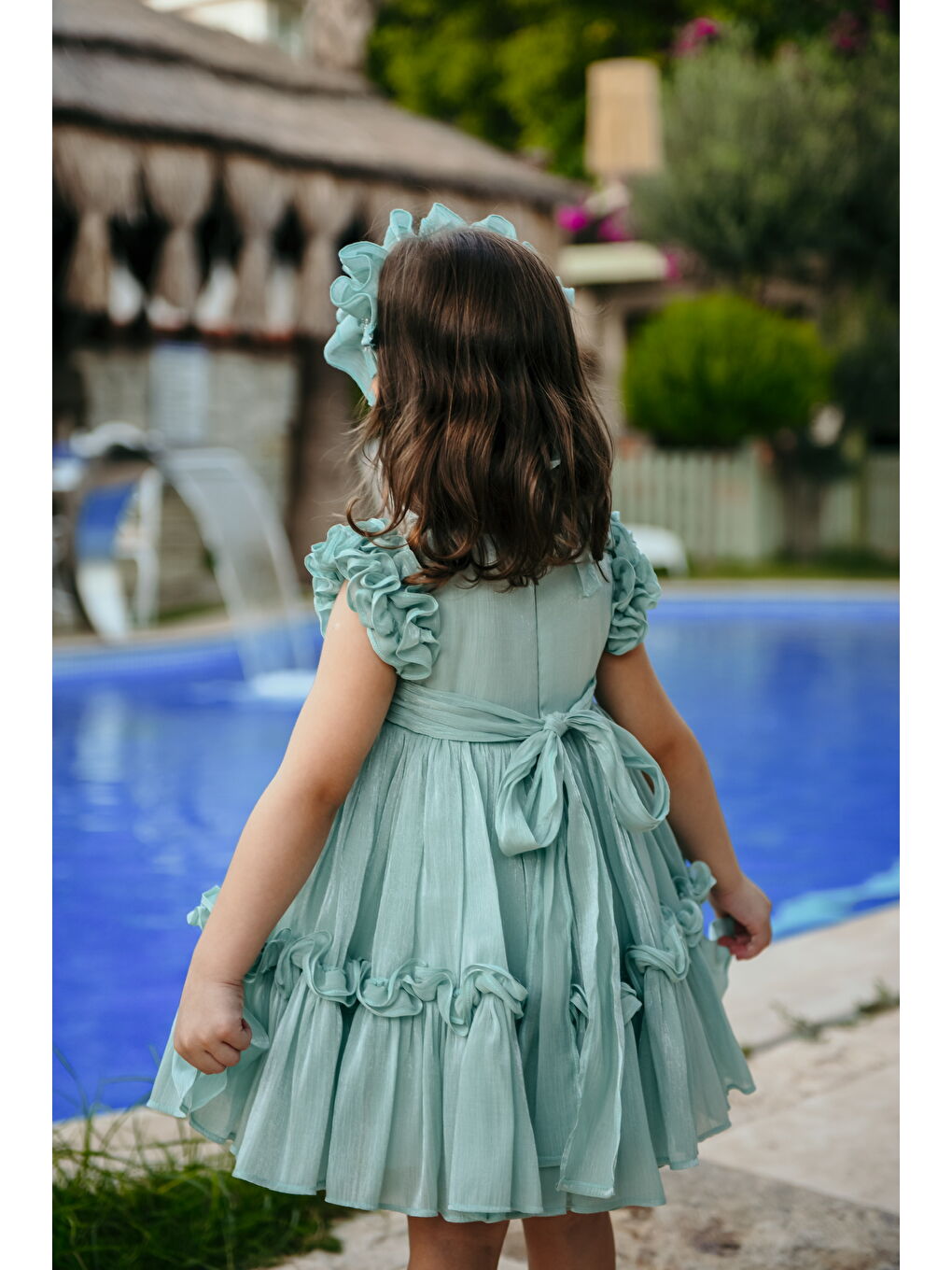 Yeşil Kız Çocuk Özel Abiye Elbise   Fırfırlı  Özel Tasarım   Taç Aksesuarlı Abiye Elbise_2461-5