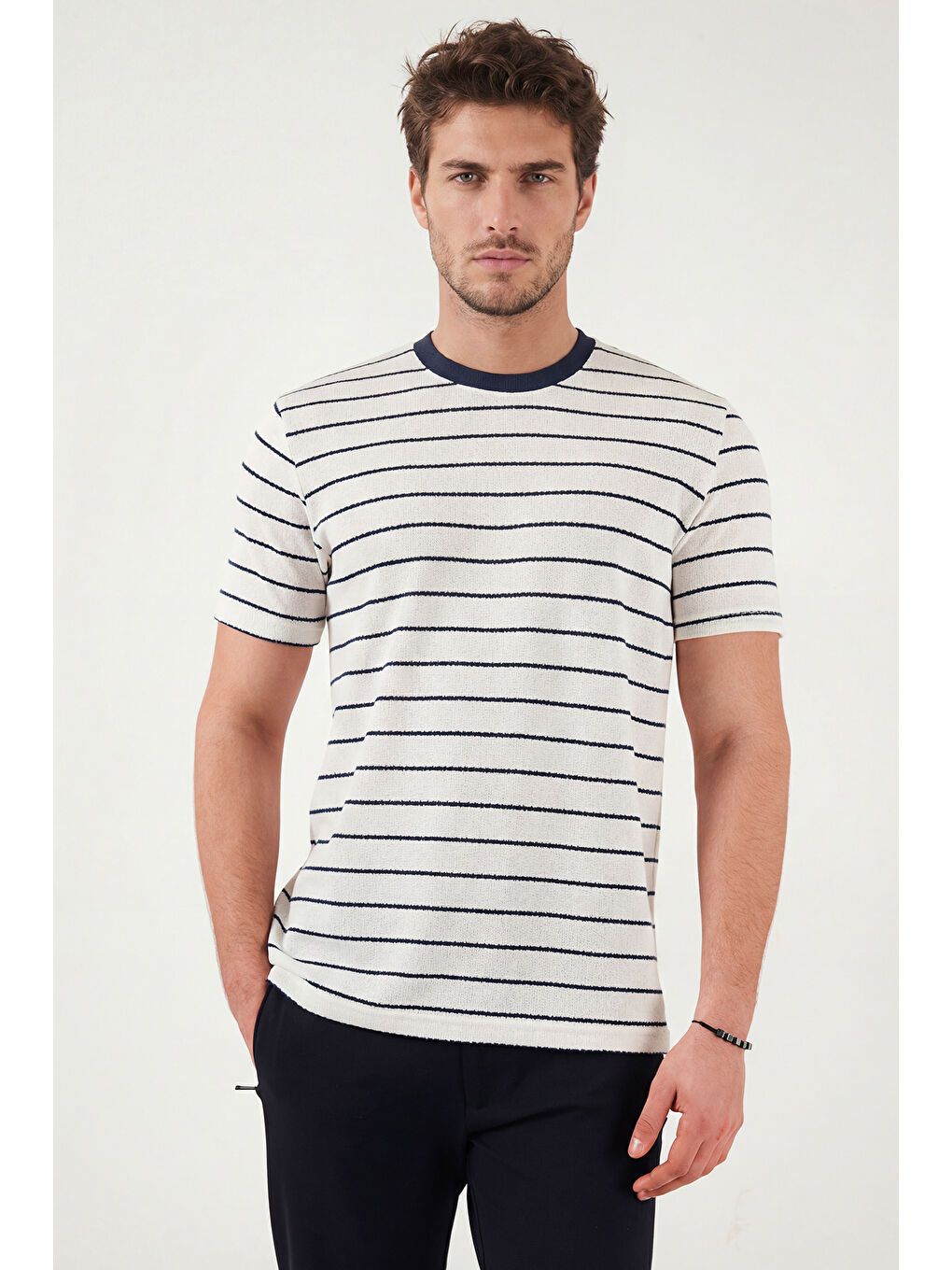 İndigo Pamuklu Regular Fit Çizgili Bisiklet Yaka T Shirt 5904039-2