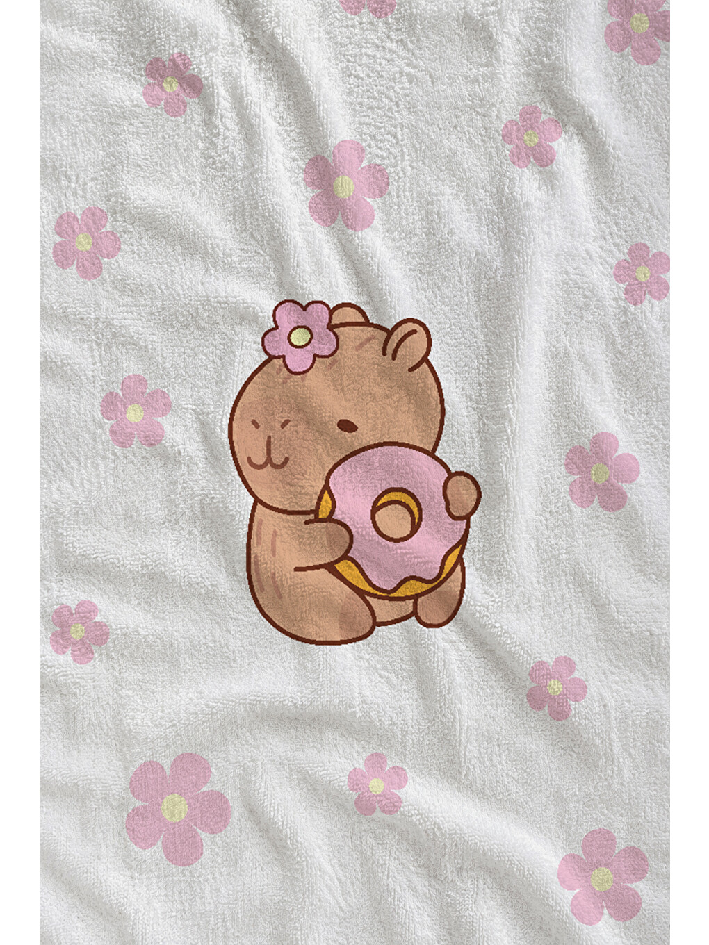 Pembe Çiçekli Sevimli Donutlu Ayıcık Desenli 70x150 Cm Dijital Baskılı Plaj Ve Banyo Havlusu-1