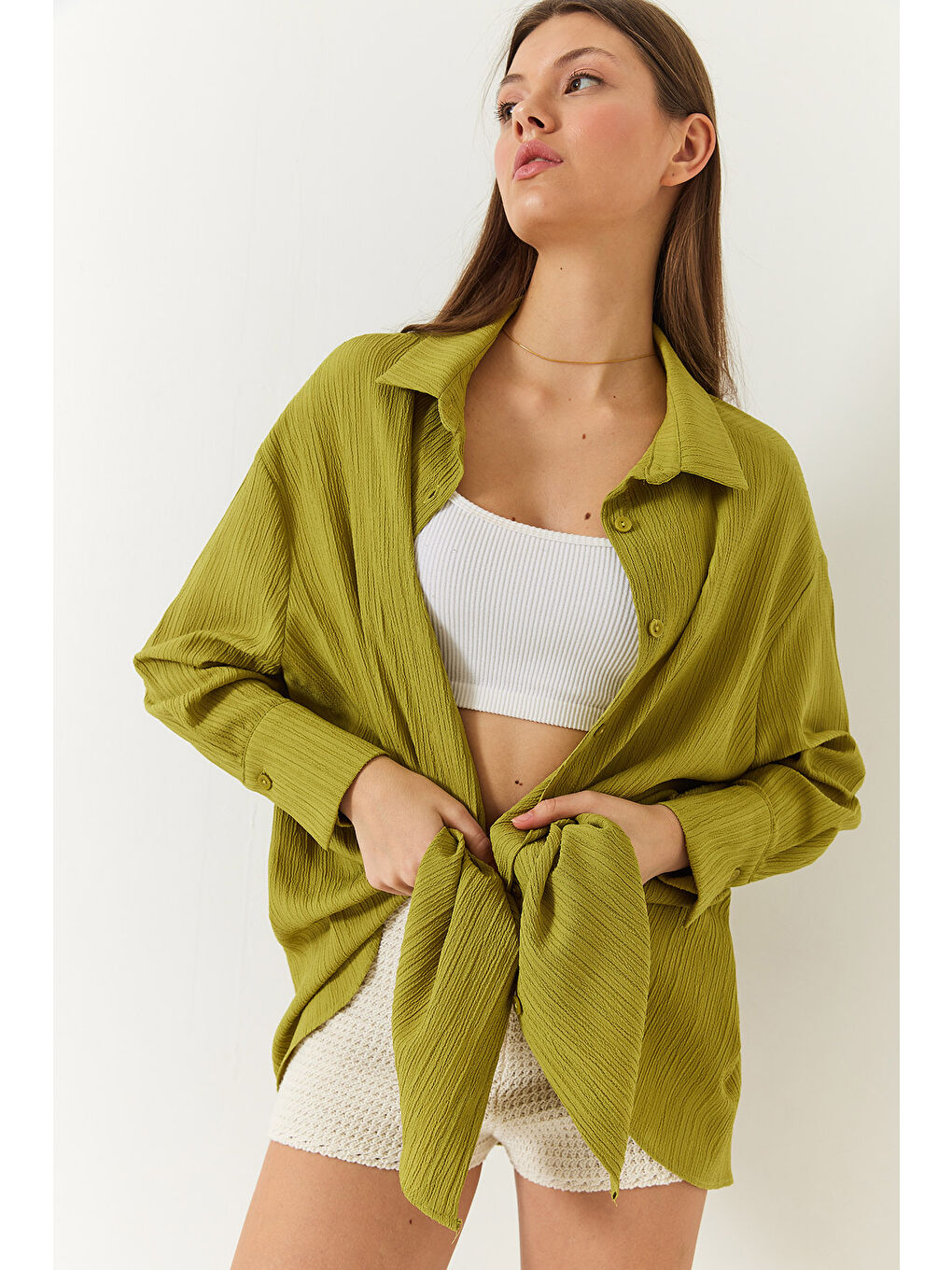 Yeşil Kadın Düşük Omuz Oversize Basic Bürümcük Gömlek-5