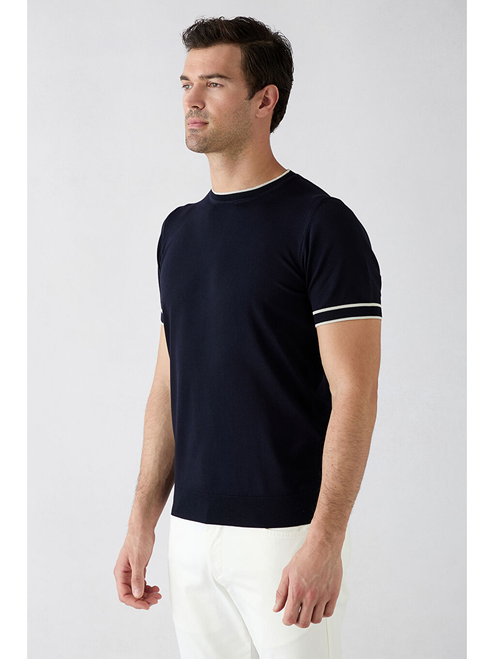 Lacivert Bisiklet Yaka Regular Fit Ribana Detaylı Tişört-1