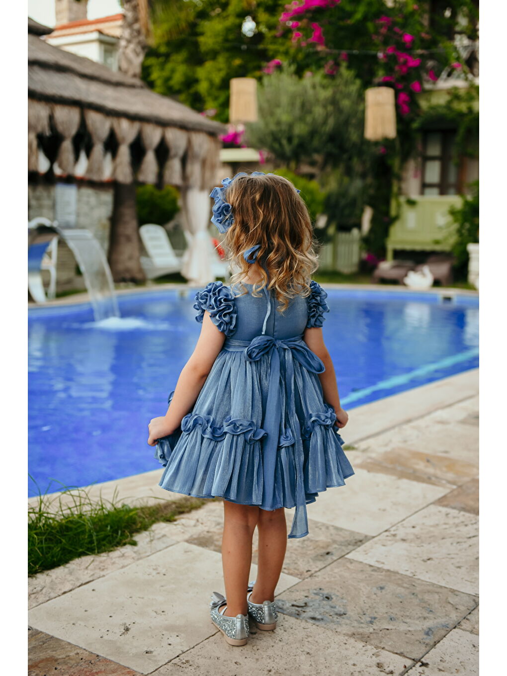 İndigo Kız Çocuk Özel Abiye Elbise   Fırfırlı  Özel Tasarım   Taç Aksesuarlı Abiye Elbise_2461-1