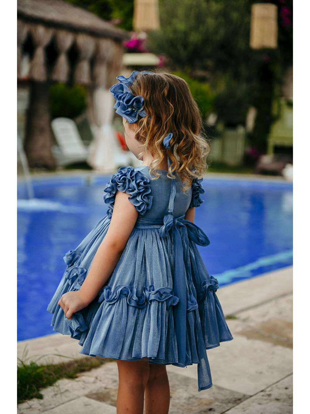 İndigo Kız Çocuk Özel Abiye Elbise   Fırfırlı  Özel Tasarım   Taç Aksesuarlı Abiye Elbise_2461-2
