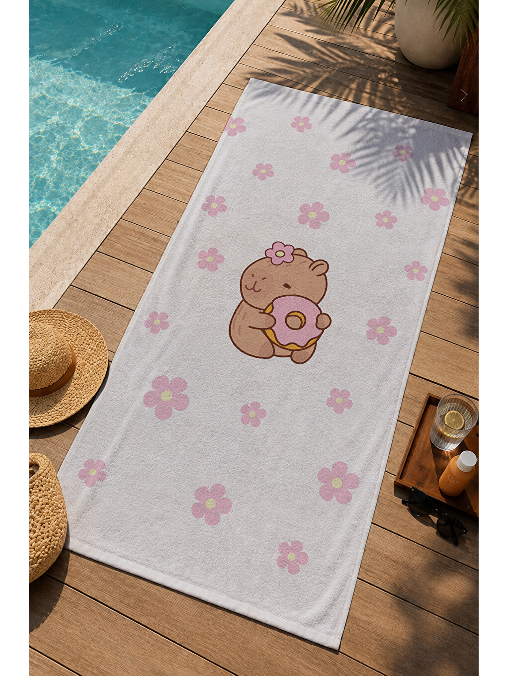 Pembe Çiçekli Sevimli Donutlu Ayıcık Desenli 70x150 Cm Dijital Baskılı Plaj Ve Banyo Havlusu-2