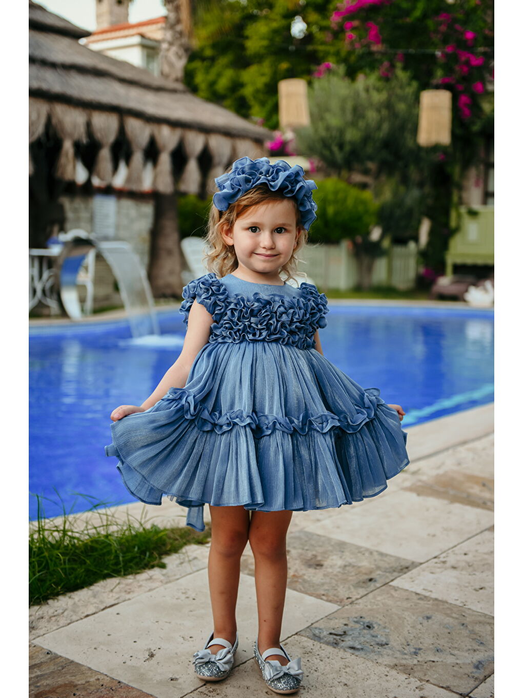 İndigo Kız Çocuk Özel Abiye Elbise   Fırfırlı  Özel Tasarım   Taç Aksesuarlı Abiye Elbise_2461-3