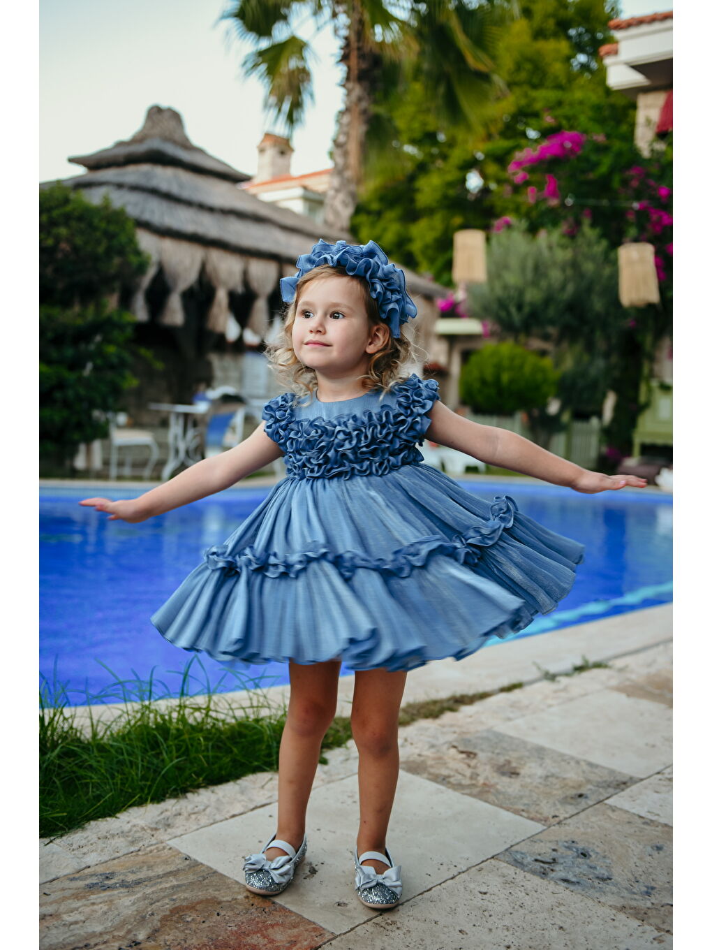 İndigo Kız Çocuk Özel Abiye Elbise   Fırfırlı  Özel Tasarım   Taç Aksesuarlı Abiye Elbise_2461-4