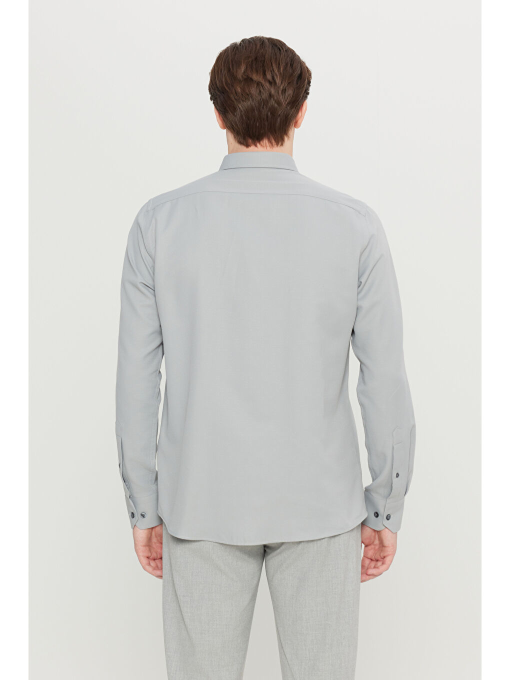 Erkek Gri Pamuklu Tailored Slim Fit Dar Kesim Düğmeli Yaka Armürlü Gömlek-4