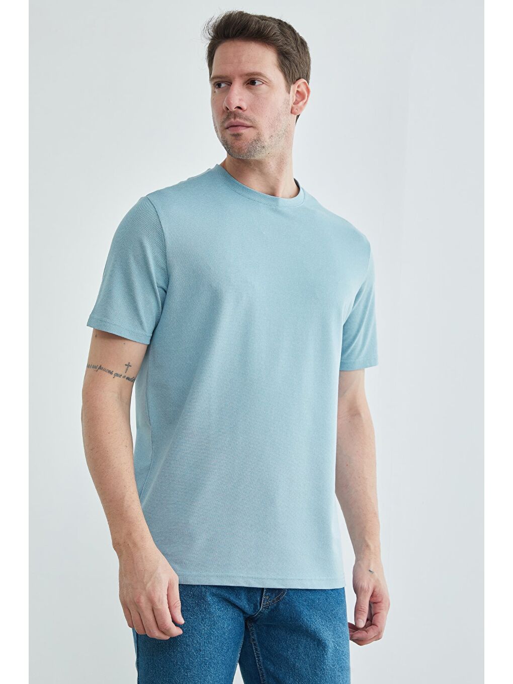 Mavi Oxford Kumaş Bisiklet Yaka Tişört-1