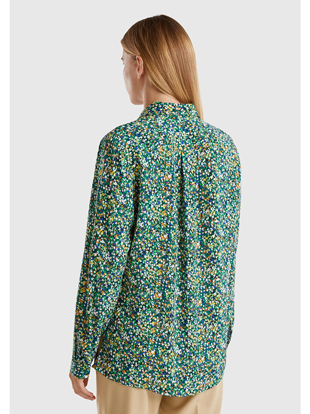 Kadın Yeşil %100 Viskoz Tamamı Desenli Uzun Kollu Gömlek-1