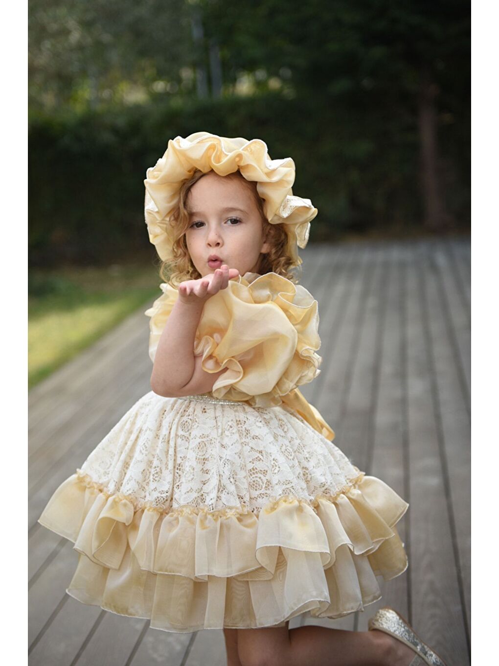 Sarı Özel Tasarım Kız Çocuk Şapkalı Elbise , Kısa Kız Çocuk Elbisesi, Aksesuarlı Çocuk Abiye