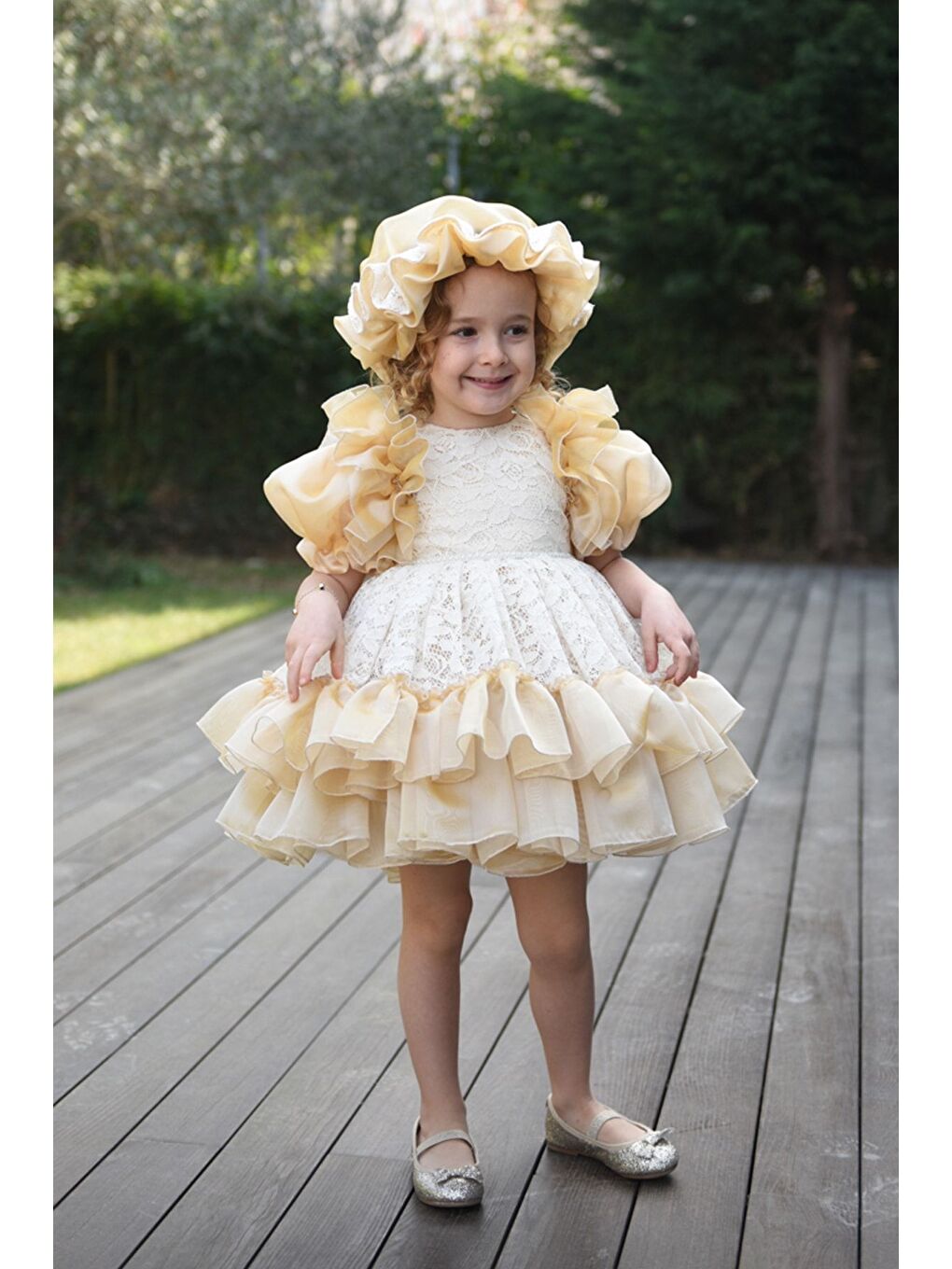Sarı Özel Tasarım Kız Çocuk Şapkalı Elbise , Kısa Kız Çocuk Elbisesi, Aksesuarlı Çocuk Abiye-1