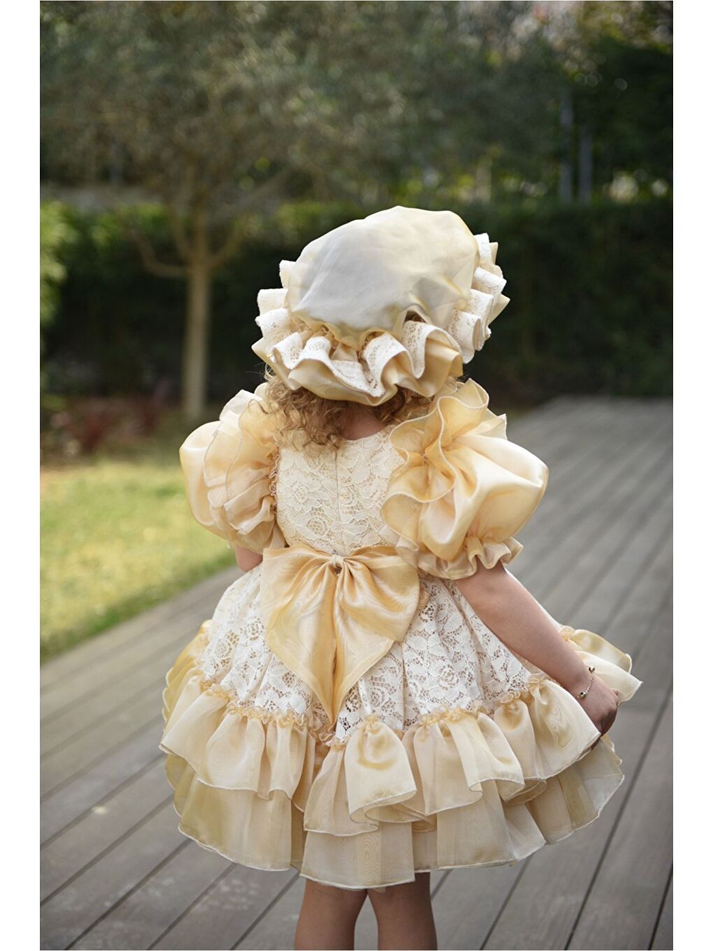 Sarı Özel Tasarım Kız Çocuk Şapkalı Elbise , Kısa Kız Çocuk Elbisesi, Aksesuarlı Çocuk Abiye-2