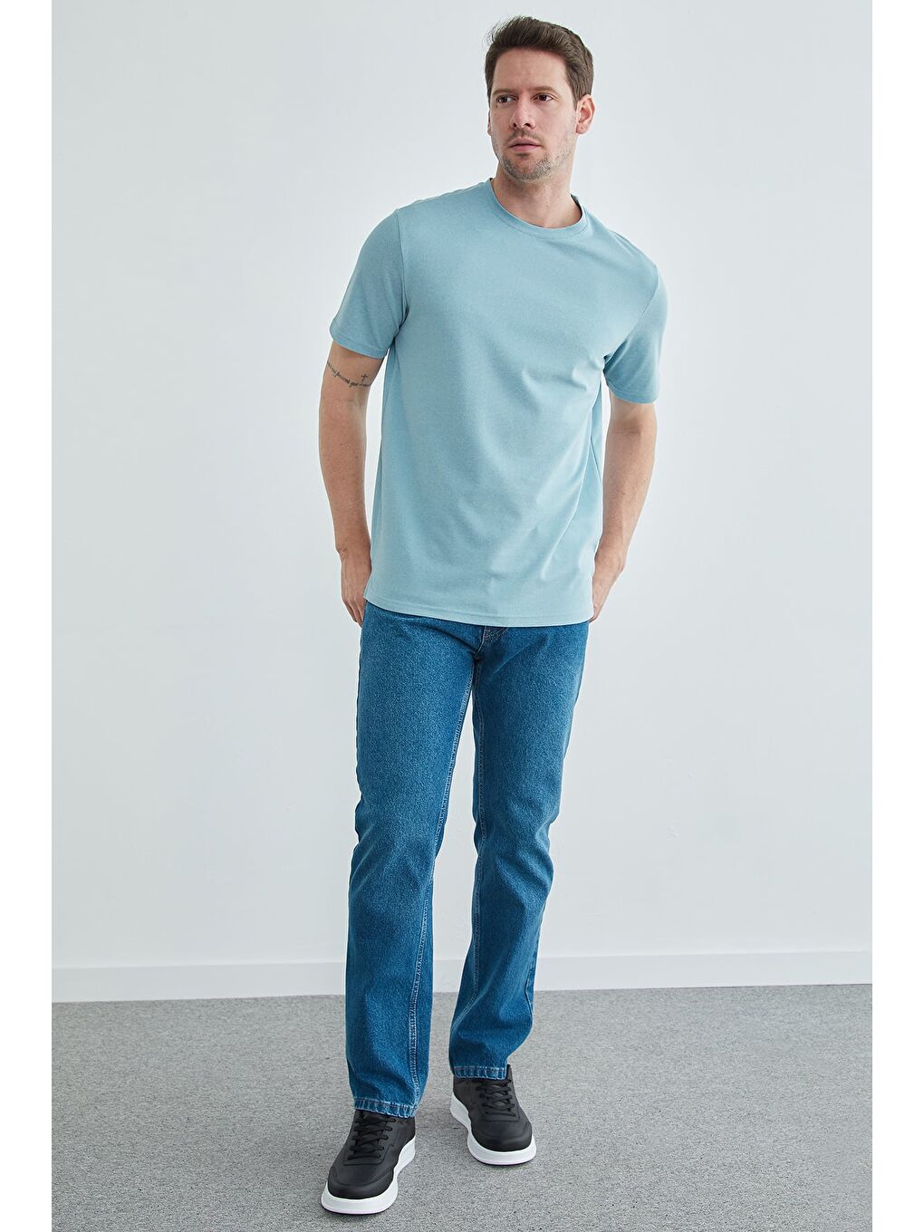 Mavi Oxford Kumaş Bisiklet Yaka Tişört-2