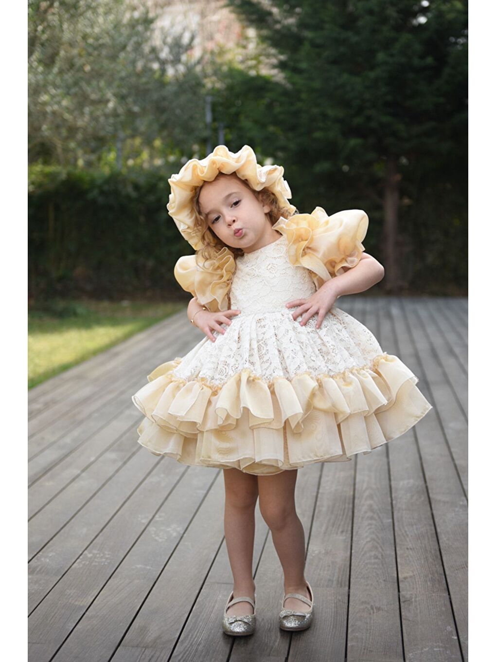 Sarı Özel Tasarım Kız Çocuk Şapkalı Elbise , Kısa Kız Çocuk Elbisesi, Aksesuarlı Çocuk Abiye-5