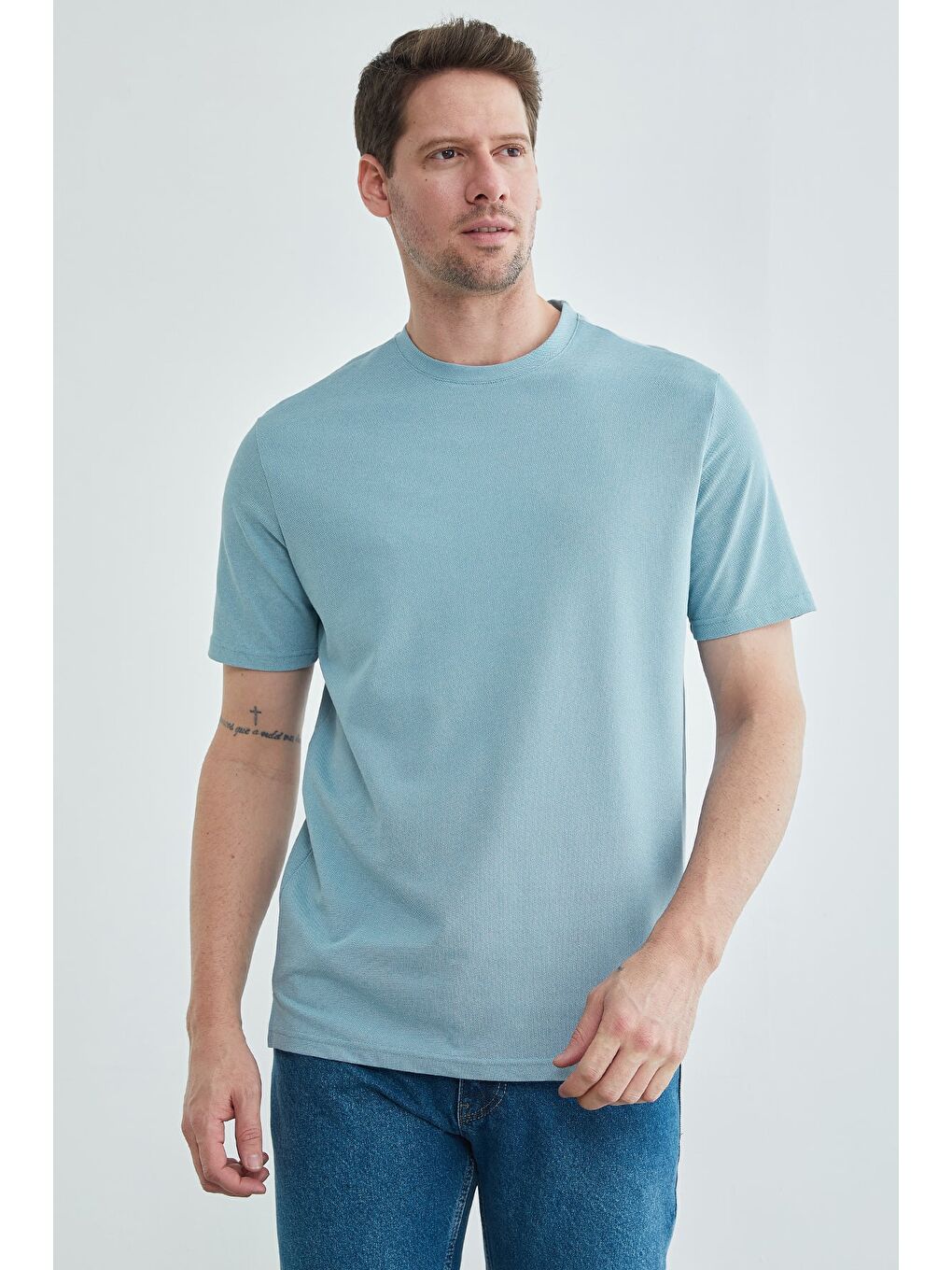 Mavi Oxford Kumaş Bisiklet Yaka Tişört-3