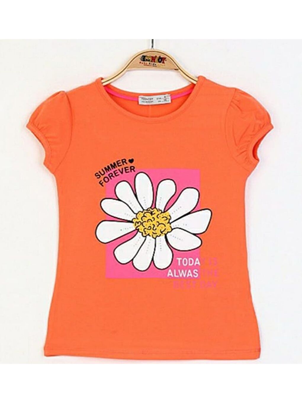 Turuncu Kız Çocuk Papatya Baskılı Taş İşlemeli Tişört