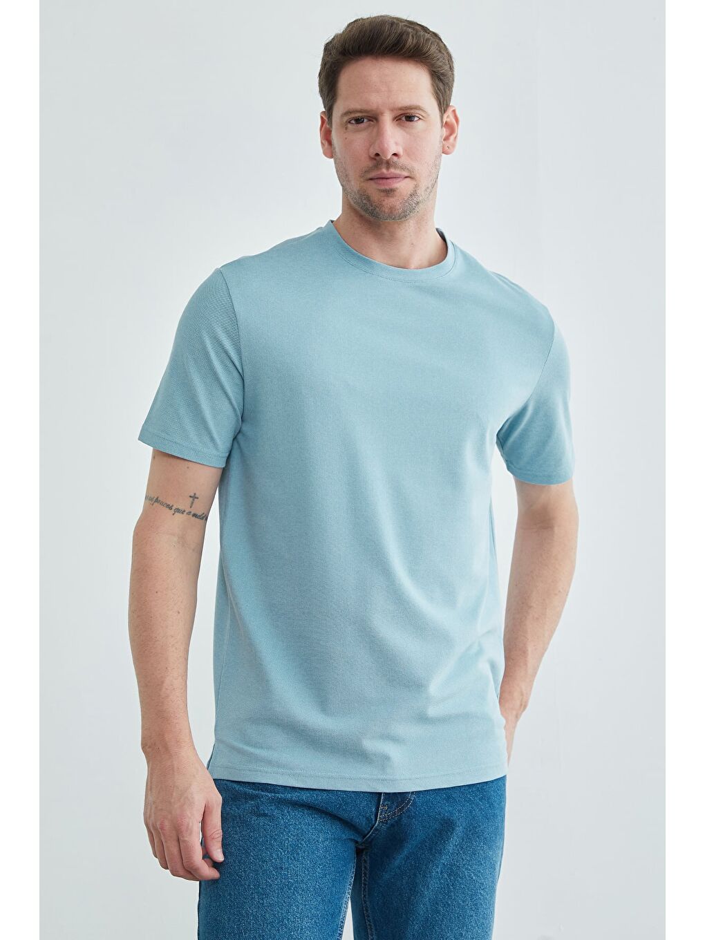 Mavi Oxford Kumaş Bisiklet Yaka Tişört-4