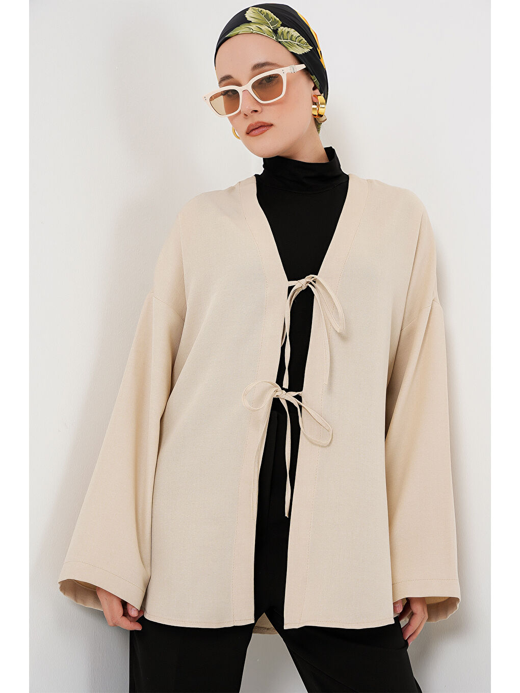 Ekru Keten Tesettür Kimono 5968 - Krem