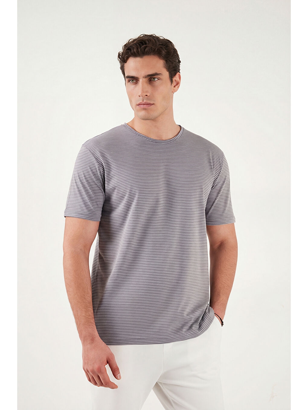 Haki Pamuklu Regular Fit Çizgili Bisiklet Yaka T Shirt 5904030-4