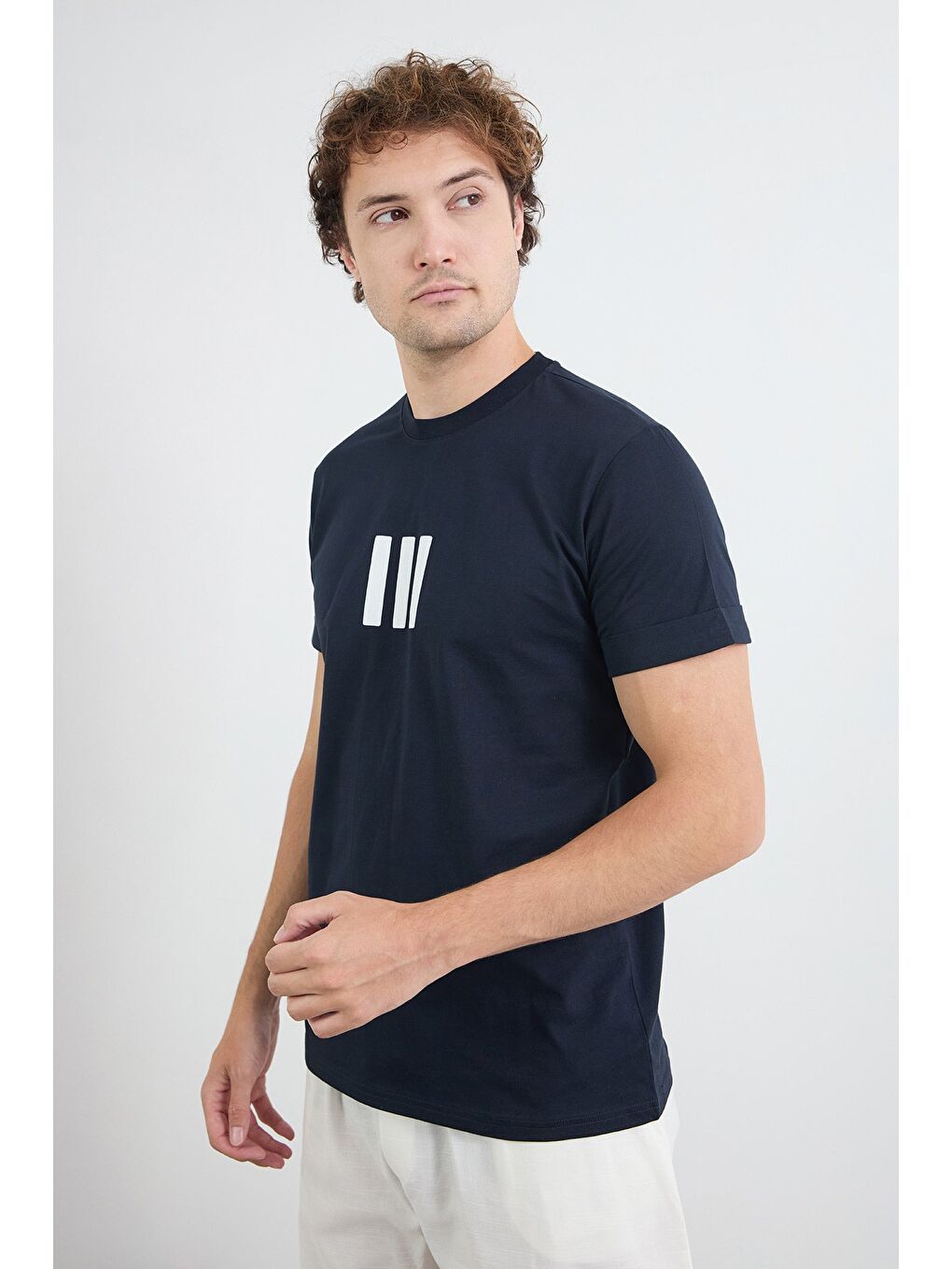 Lacivert Baskılı Bisiklet Yaka Tişört-1