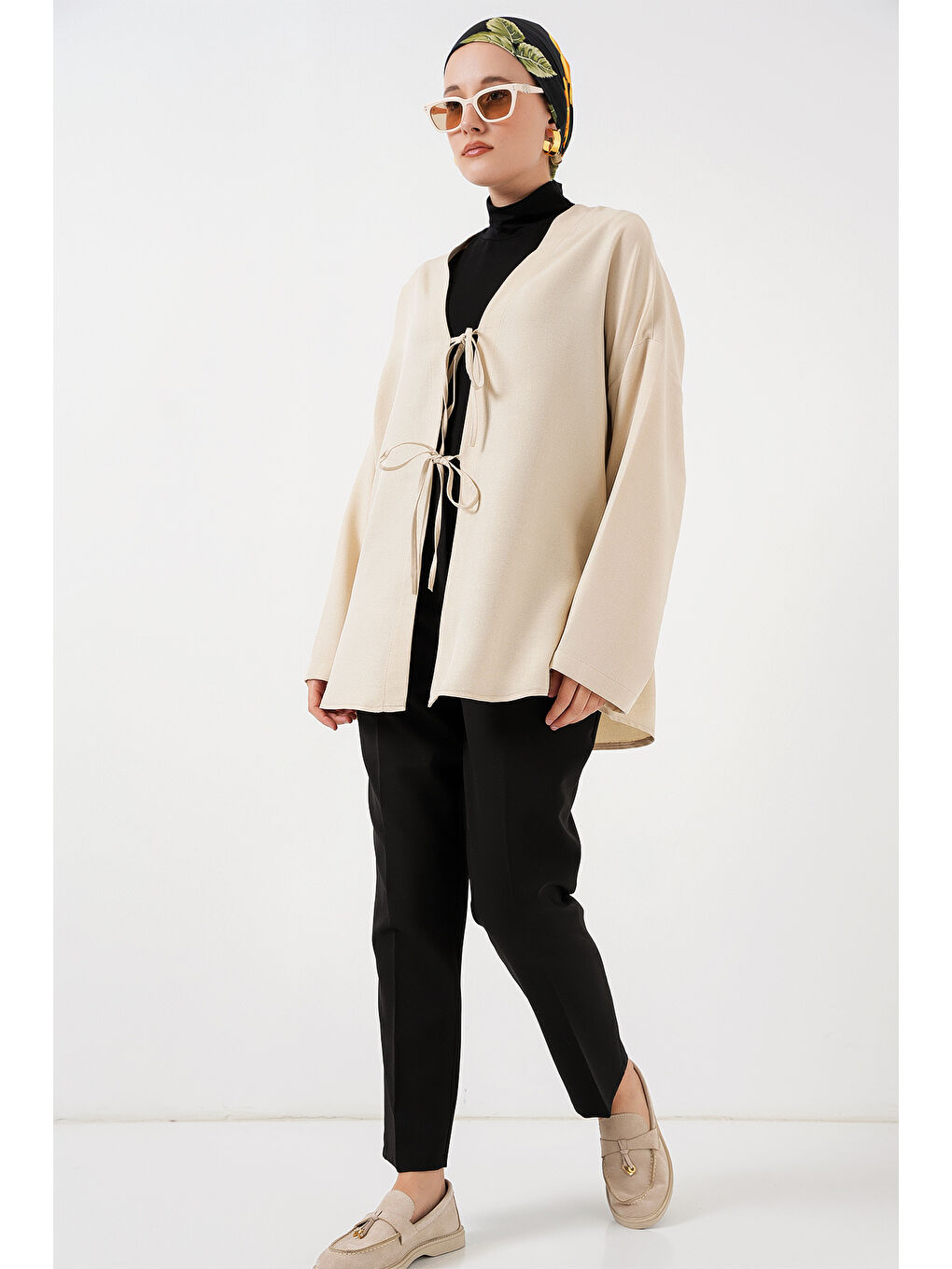 Ekru Keten Tesettür Kimono 5968 - Krem-1